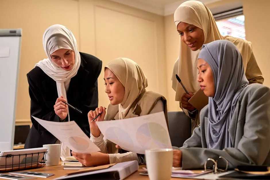 Four businesswomen in hijabs reviewing charts in an office