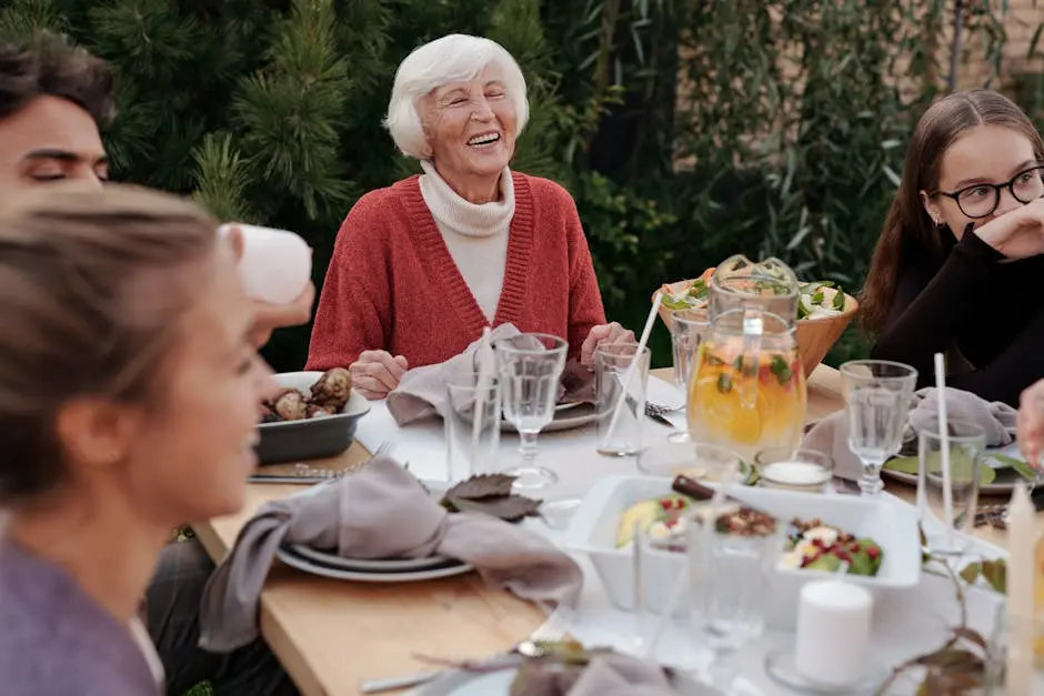 family meal and Grandma laughing