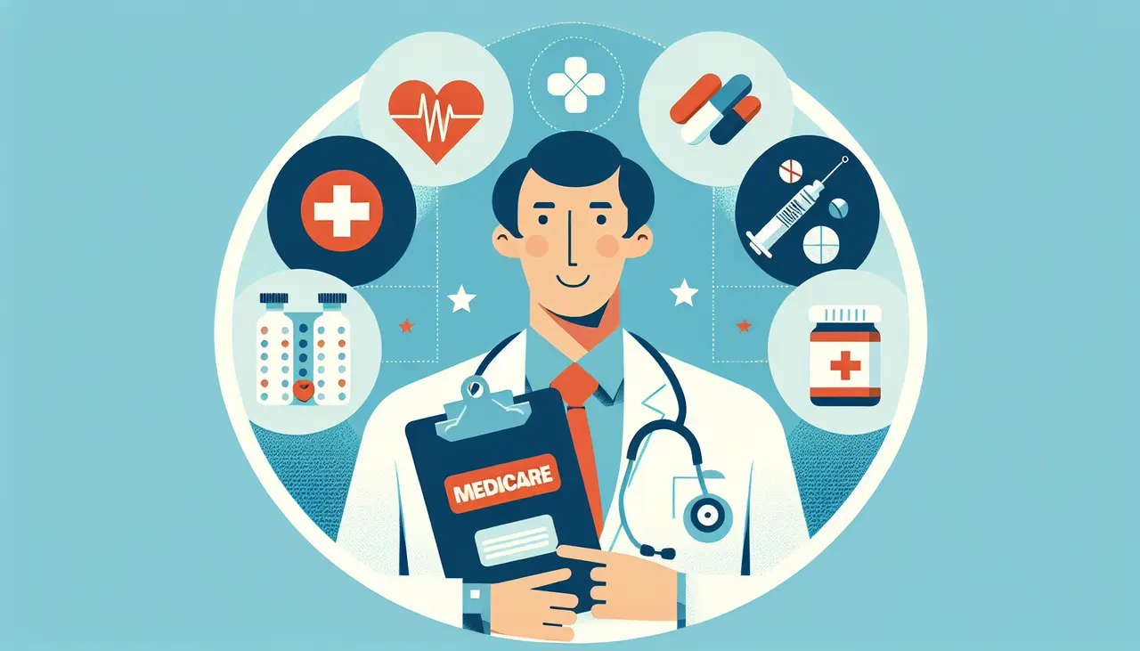 Draw a graphic in flat design style. Illustration of a friendly advisor holding a clipboard with a Medicare symbol, surrounded by simplified icons of health-related items, against a light blue background.
